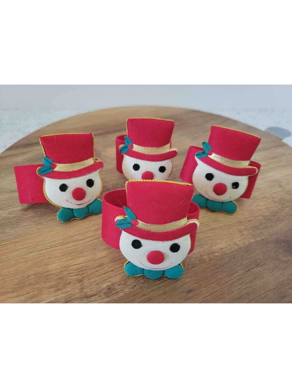 Vtg Christmas Snowman Fabric Napkin Rings Set Of 4 Red Top Hat Centerpiece Decor